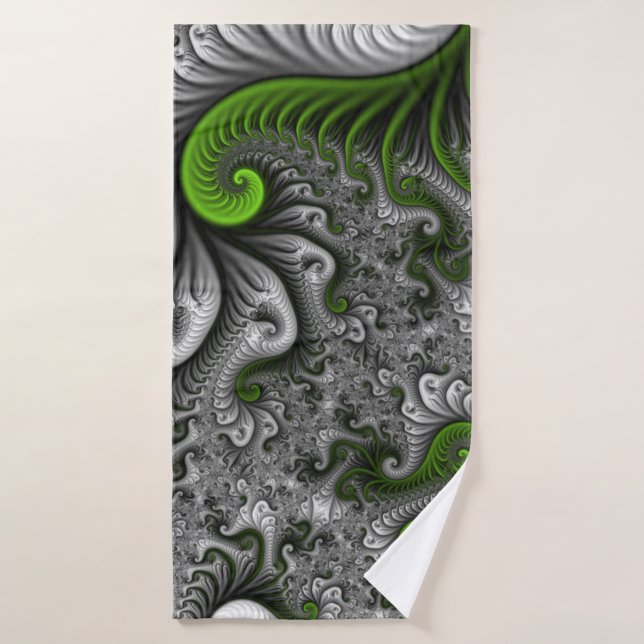 Monde Fantastique Art Fractal Abstrait Vert Et Gri (Serviette de bain)