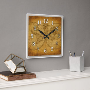 Monde vintage Carte Carré Horloge murale