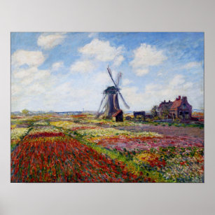 Monet Field Tulips with Windmill Poster