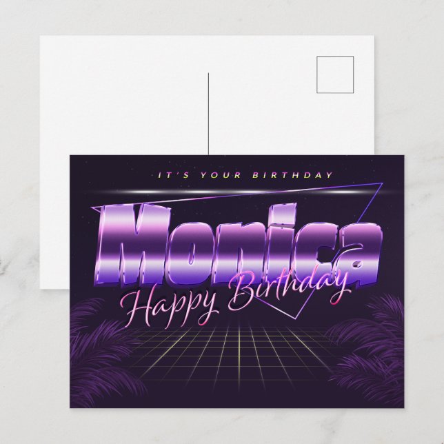 Monica prénom carte postale violette anniversaire (Devant / Derrière)