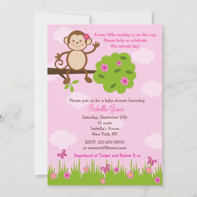 Monkey Baby Shower Invitations Girl (Devant)