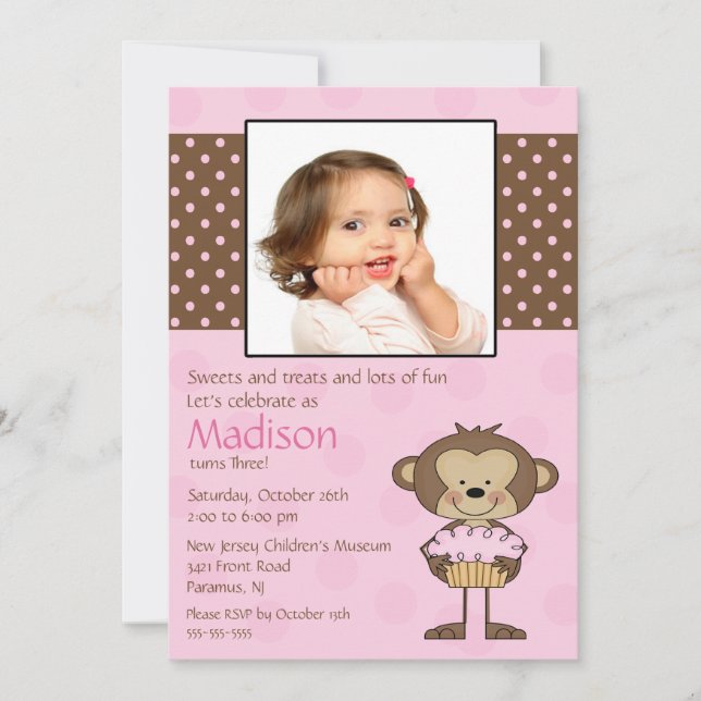 Monkey Cupcake Photo Birthday Invitation (Devant)