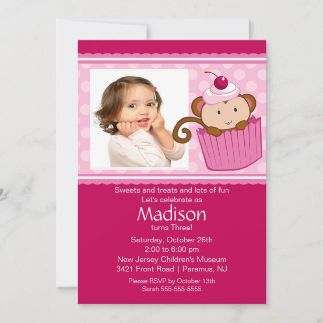 Monkey Cupcake Photo Invitation d'anniversaire (Devant)