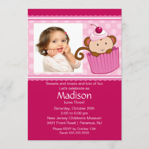 Monkey Cupcake Photo Invitation d'anniversaire