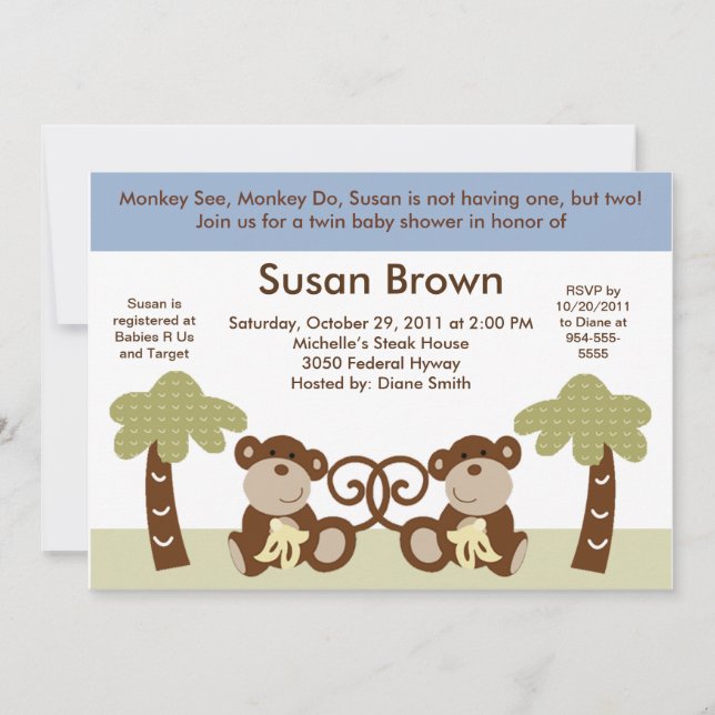 Monkey Twin Baby Boys Shower Invitation (Devant)
