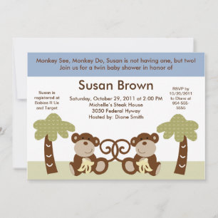 Monkey Twin Baby Boys Shower Invitation
