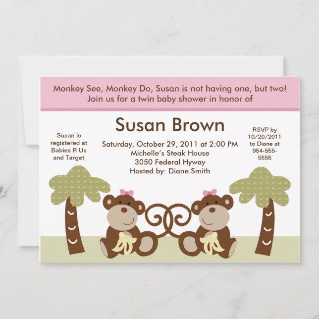 Monkey Twins Baby Girls Douche Invitation (Devant)