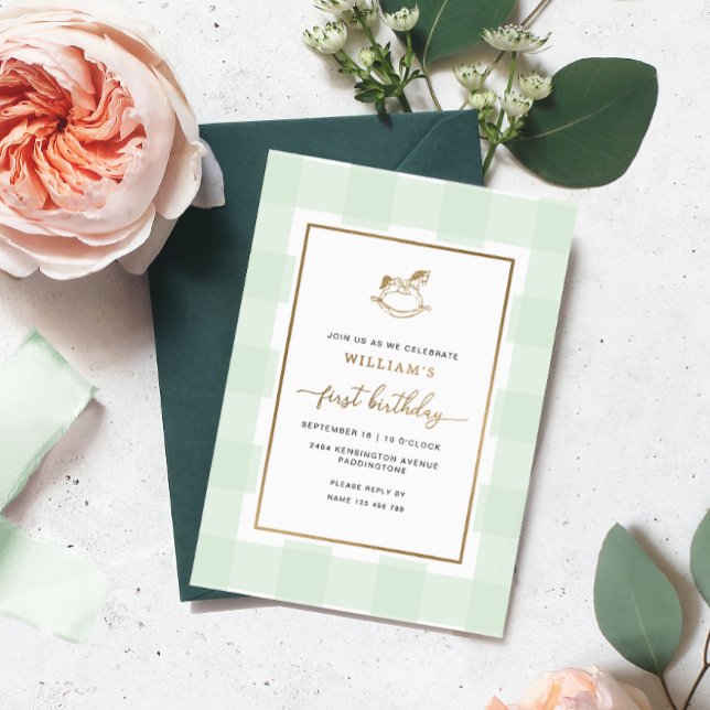 Monnaie En vichy Cheval à Rocks Invitation de l'hu (First Birthday Rocking Horse Invitation)