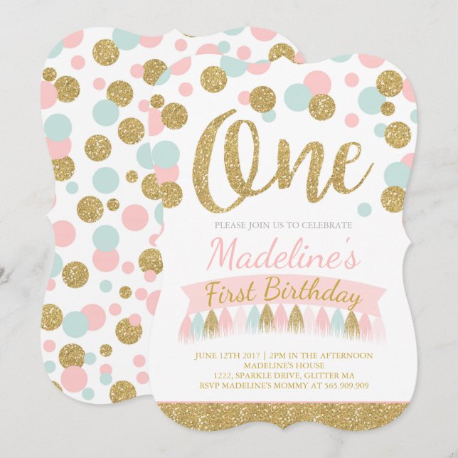 Monnaie Rose et Or 1er anniversaire Invitation (Devant / Derrière)