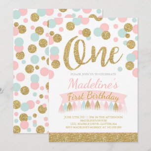 Monnaie Rose et Or 1er anniversaire Invitation