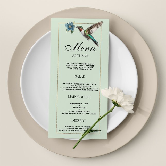 Monnaie vert or coloré colibri menu Mariage (Mint green gold colorful hummingbird Wedding Menu)