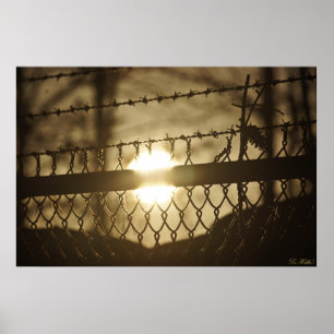 Monochrome Chain Link Barbed Wire Sunrise Poster