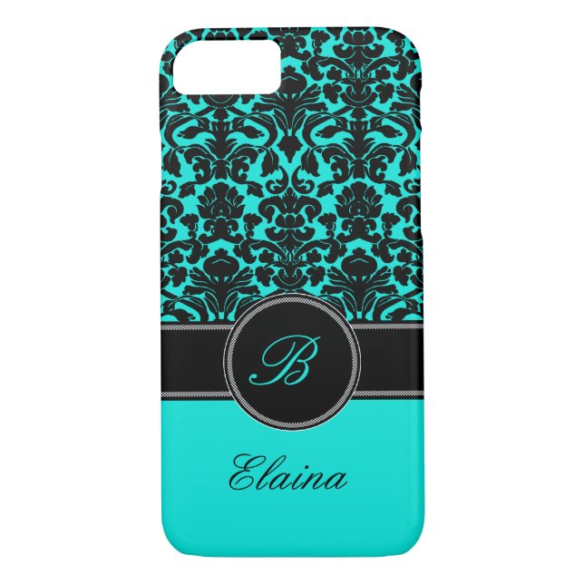 Monogram Aqua, Noir, Blanc Damask iPhone 7 Coque (Dos)