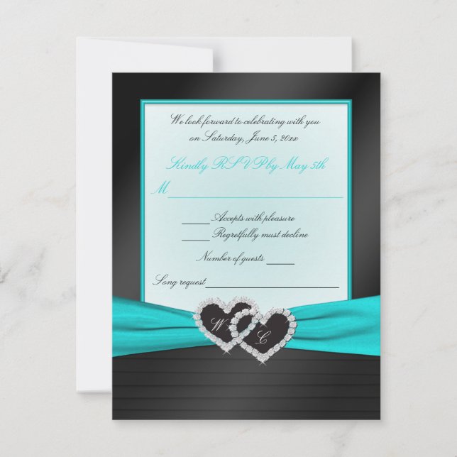 Monogram Black FAUX Satin Plis avec Aqua RSVP (Devant)