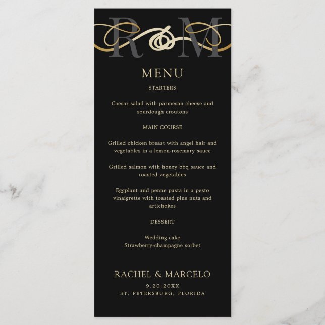 Monogram Black Gold Elegant Wedding Menu (Devant)