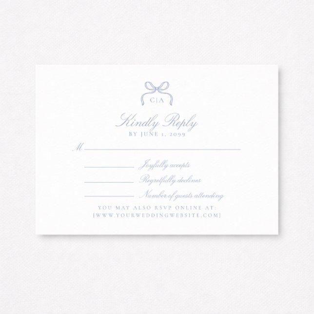 Monogram Blue Bow Wedding RSVP Card (Créateur téléchargé)