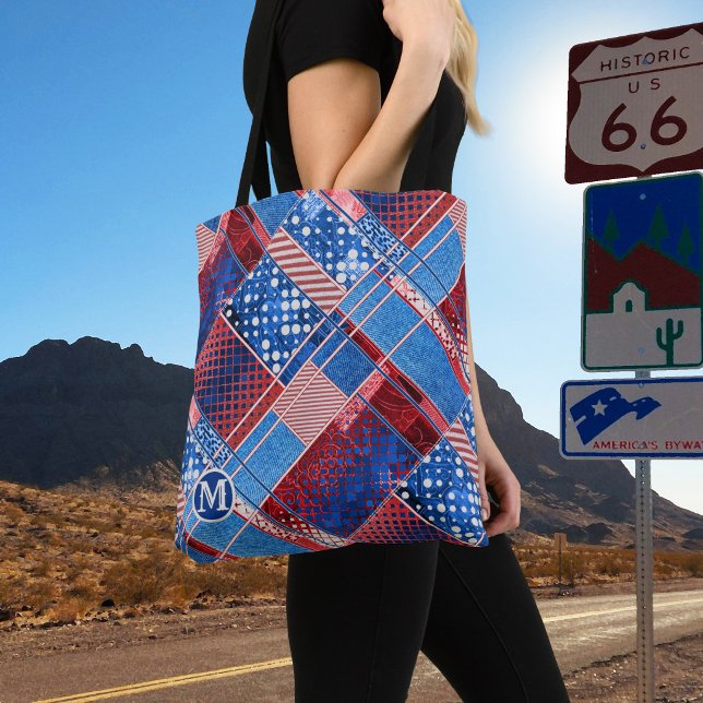 Monogram Blue Jeans Patchwork Pattern Tote Bag (A modern tote bag featuring a blue jeans patchwork pattern with red and off white patterns)