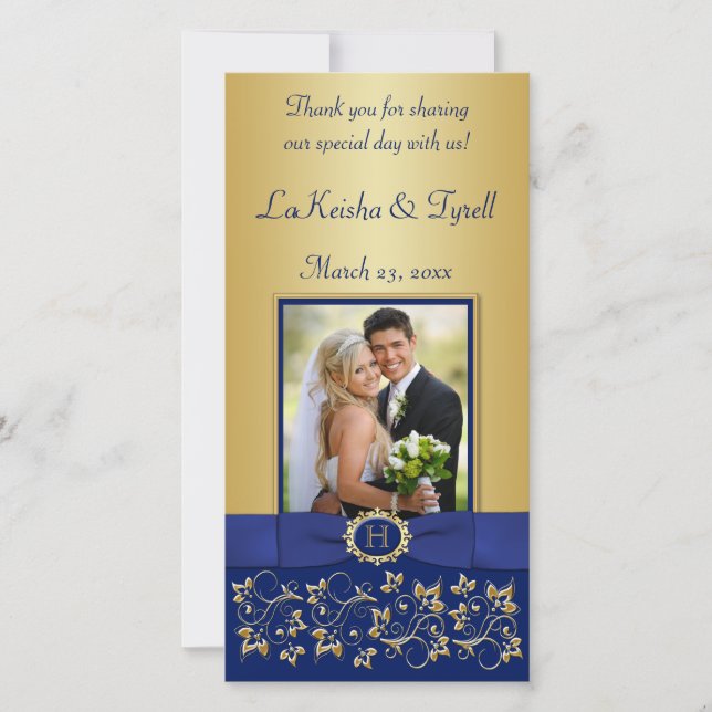 Monogram Blue, or Floral Mariage Carte photo (Devant)