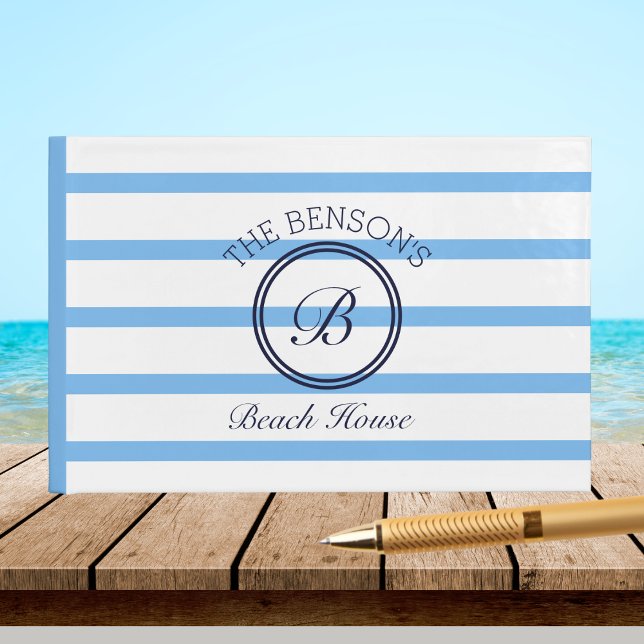Monogram Blue Stripes Nom Beach House Livre d'or (Créateur téléchargé)