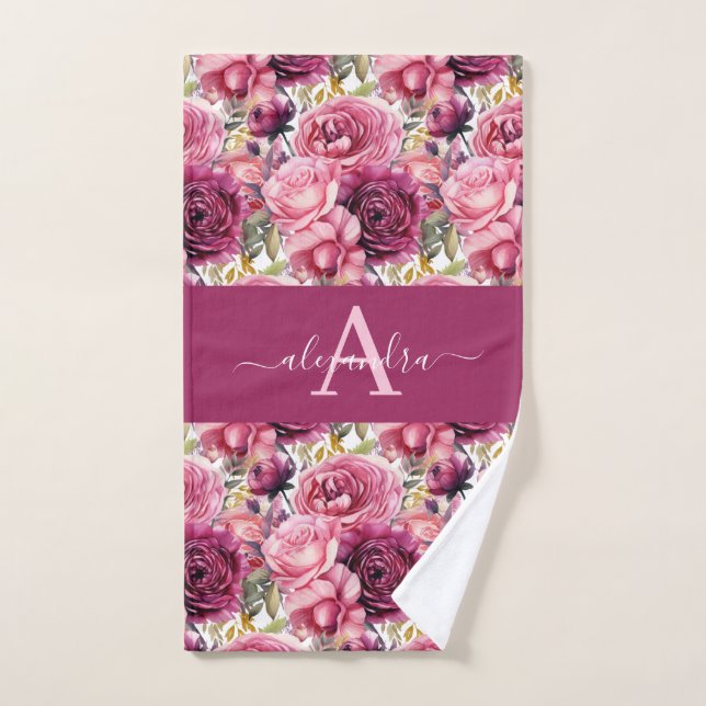 Monogram Bright Pink Floral Elegant Towel Set (Serviette à main)