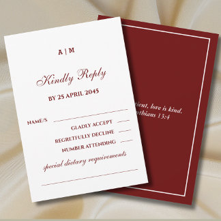 Monogram Burgundy Christian Wedding RSVP Card