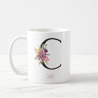 Monogram C Floral Name Polka Dot Coffee Mug