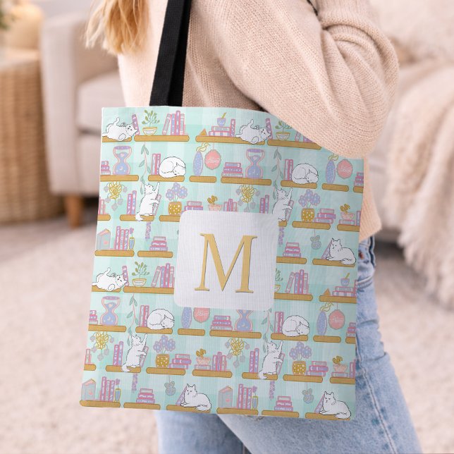Monogram Cats Library Tote Bag Girly Mint Green (Créateur téléchargé)