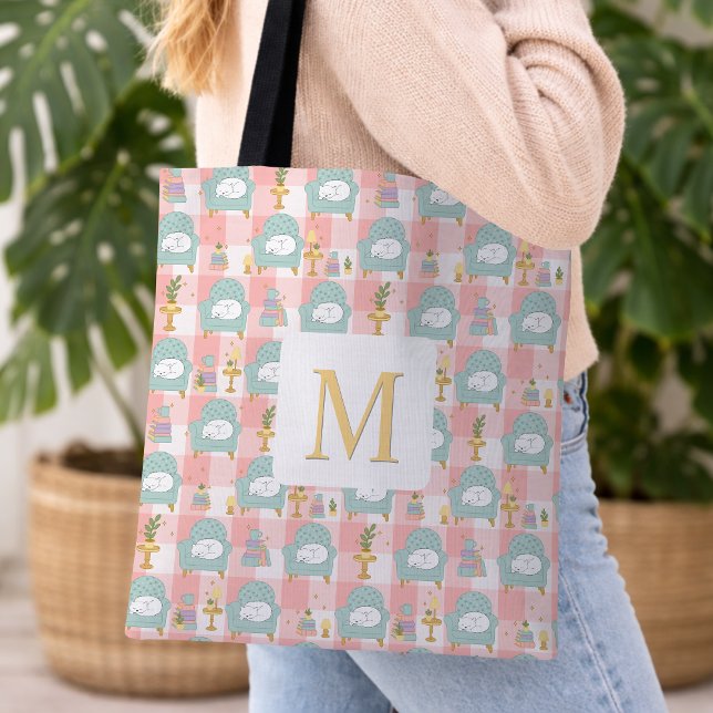 Monogram Cozy Cat & Book Tote Bag Girly Pink (Créateur téléchargé)