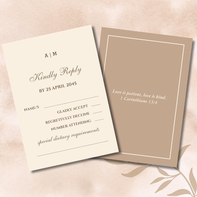 Monogram Cream Taupe Christian Wedding RSVP Card (Créateur téléchargé)