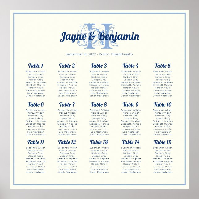 Monogram Initial Ecru Wedding Seating chart poster (Devant)