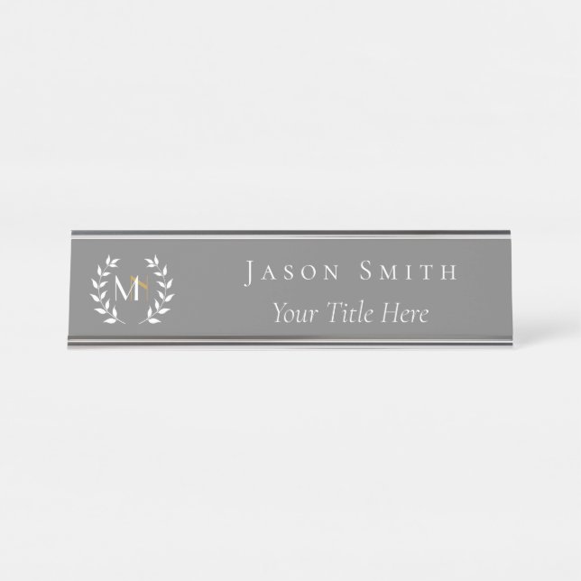 Monogram Laurel Wreath Grey Desk Nom Plaque (Devant)