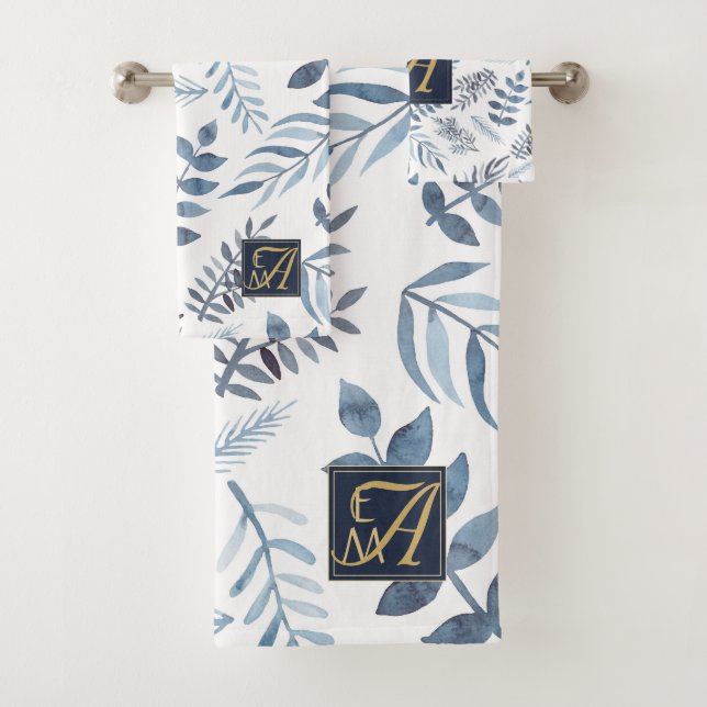 Monogram Marine Blue Gold Botanique Feuilles Ferns (En situation)