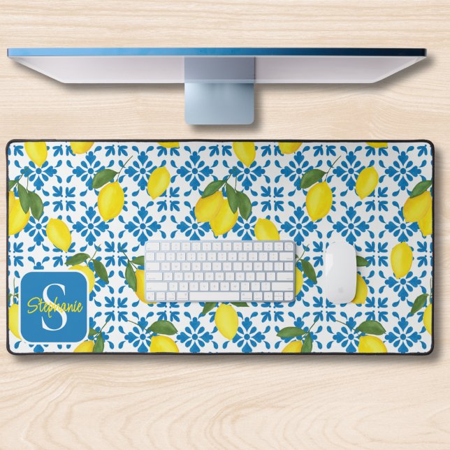 Monogram Name Blue French Tile Lemon Pattern  (Créateur téléchargé)