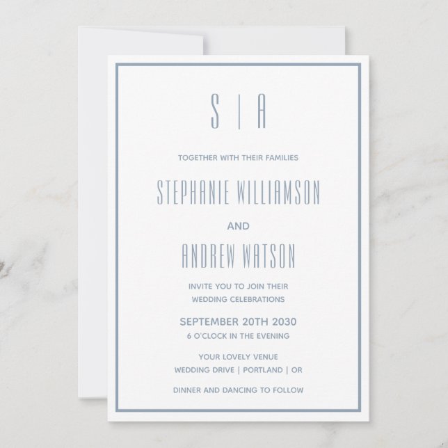  Monogram poussiéreux bleu et blanc mariage modern (Devant)