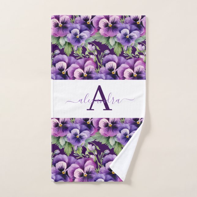 Monogram Purple and White Pansy Pansies Towel Set (Serviette à main)