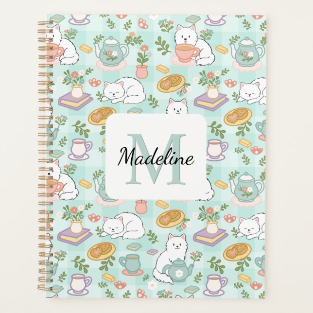 Monogram Tea & Bookish Cats Spiral Planner Green (Devant)