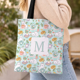 Monogram Tea & Bookish Cats  Tote Bag Mint Green
