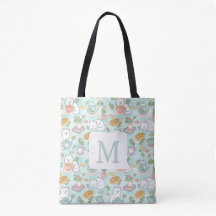 Monogram Tea & Bookish Cats  Tote Bag Mint Green