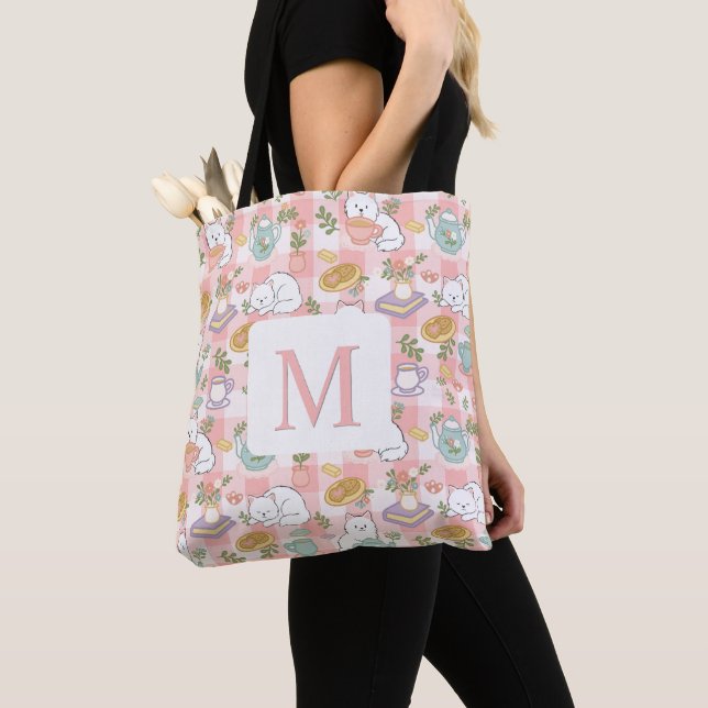Monogram Tea & Bookish Cats Tote Bag Pink (De près)