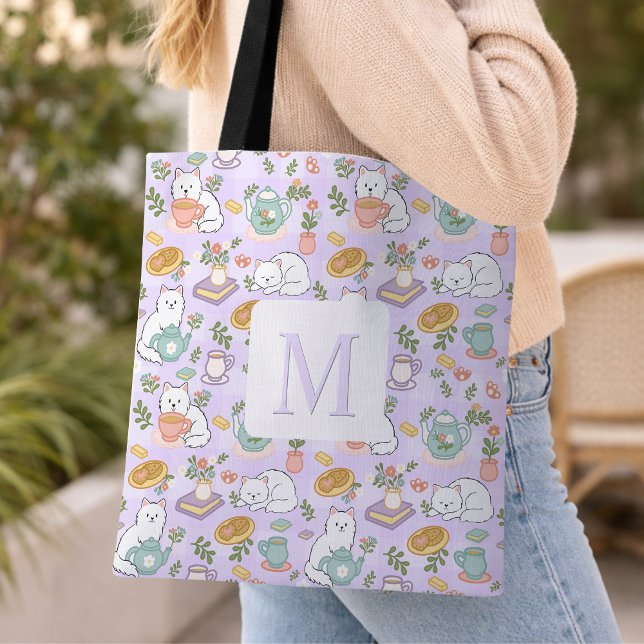 Monogram Tea & Bookish Cats Tote Bag Purple (Créateur téléchargé)