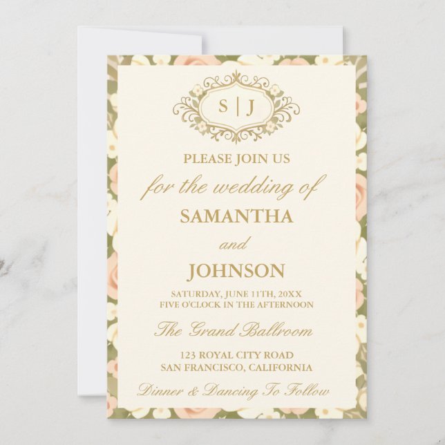 Monogram Vintage Ivory Photo Wedding Invitation (Devant)