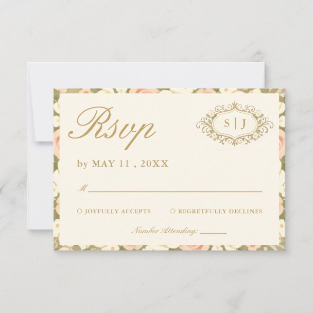 Monogram Vintage Ivory Wedding RSVP Card (Devant)