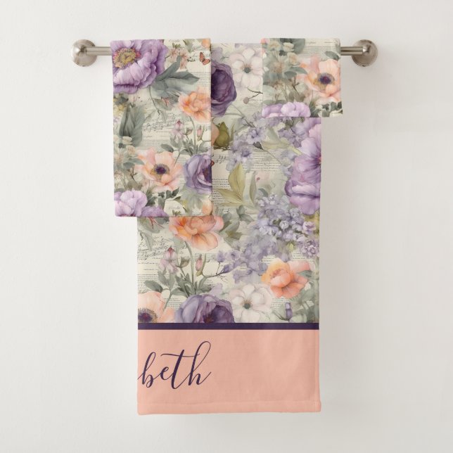 Monogram Vintage Pêche Violet Floral Shabby Chic (En situation)