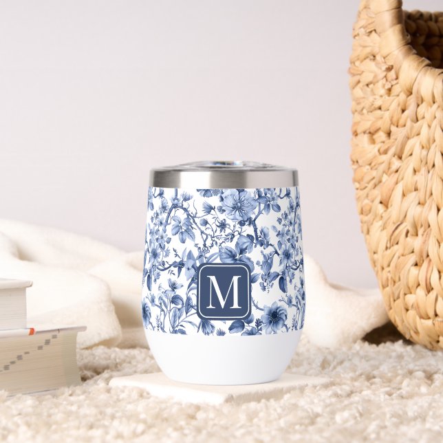 Monogramme à motif toile fleuri bleu vintage (Salon (pivotée))