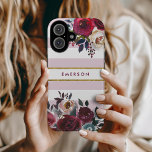 Monogramme à rayures florales de saumon rose pouss<br><div class="desc">Caisses de téléphone monogrammed personnalisées avec votre nom ou autre texte. Ce design boho branché présente une bordure florale aquarelle aux couleurs d'automne rustiques sur un arrière - plan rayé blanc et rose mauve poussiéreux avec un faux accent de feuille d'or. Utilisez les outils de conception pour choisir une couleur...</div>