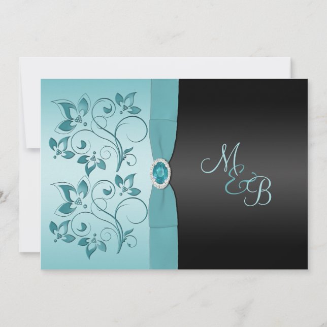 Monogramme Aqua, Faire-part de mariage floral noir (Devant)