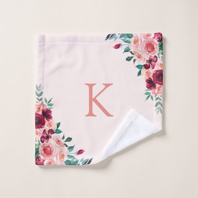 Monogramme Aquarelle Boho rose Bourgogne Rose Flor (Gant de toilette)