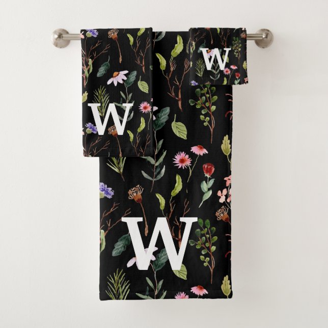 Monogramme aquarelle fleur sauvage noire blanche e (En situation)