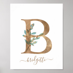 Monogramme Aquarelle Floral or Lettre B Poster