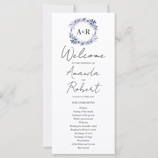 Monogramme Aquarelle Floral Wedding Program (Devant)